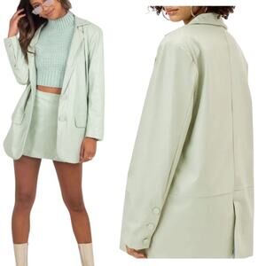 NWT For Love & Lemons Talia Boyfriend Blazer Green Pockets Faux Leather Size XS